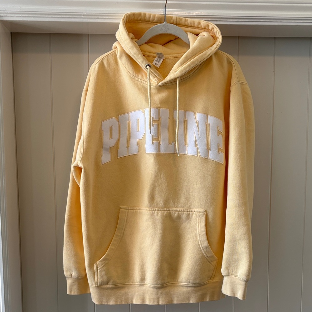 Yellow Hoodie for Women, large “Pipeline” Embroidered White wording